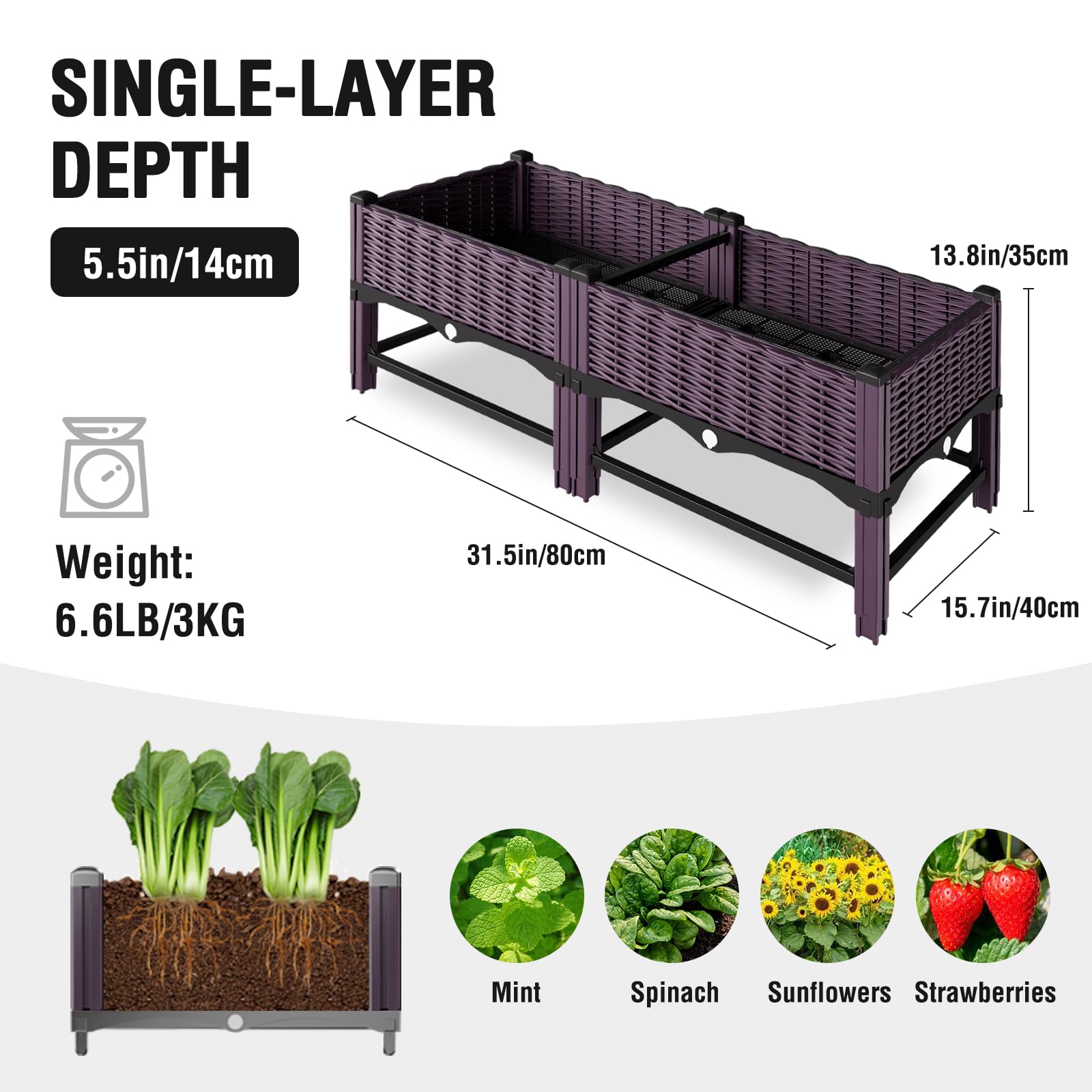 Klippehop Raised Garden Bed with Reinforcement Rods Elevated Planter Boxes for Outdoor Plants with Drainage Holes for Flowers Vegetables Herbs Patio Backyard Deck Balcony, Purple 31.5x15.7x13.8 in - 4