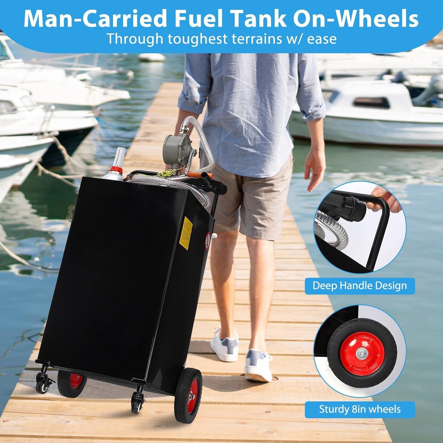 30 Gallon Fuel Caddy with Manual Pump, Portable Fuel Transfer Tank on 4 Wheels, Gasoline & Diesel Storage Container for Cars, Lawn Mowers, ATVs, Boats, More, Black