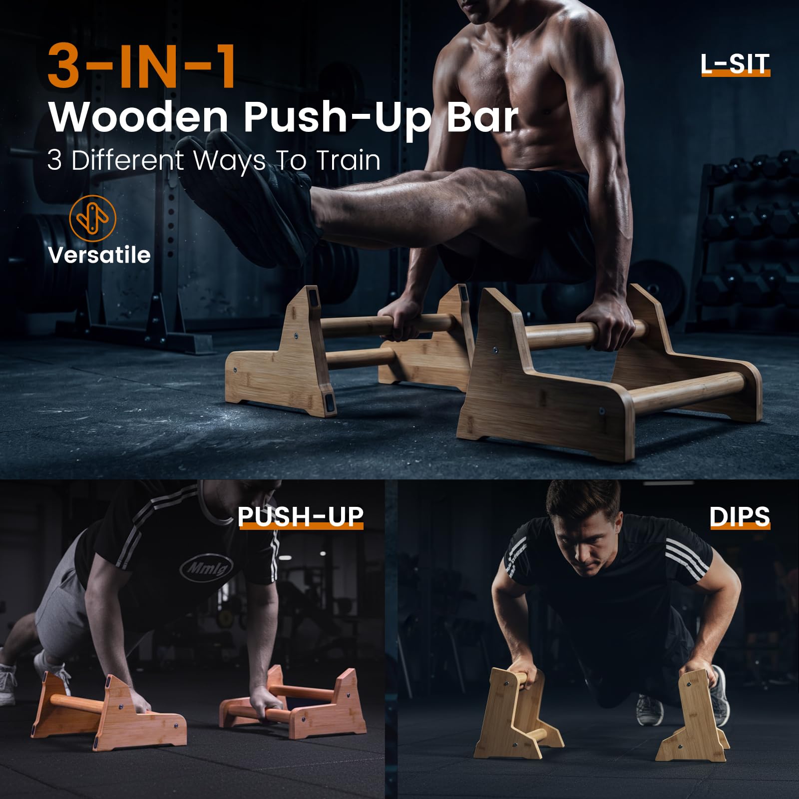 Calisthenics Equipment 3 in 1, maniglie in legno, parallele ergonomiche, per flessioni, per la casa