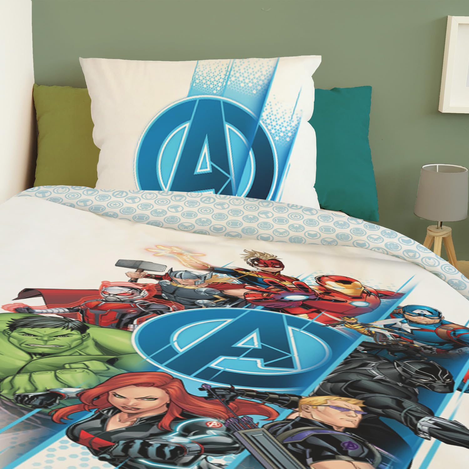 Marvel Avengers Team - Funda nórdica de 140 x 200 cm y 1 funda de almohada de 63 x 63 cm, 100% algodón, color blanco