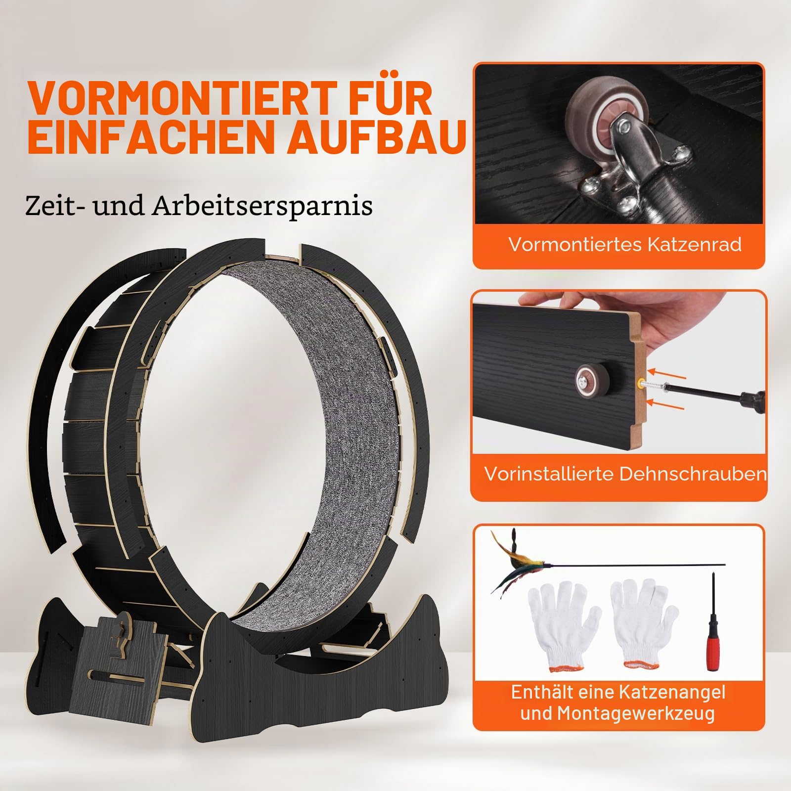VEVOR Katzenlaufrad aus Holz, 110cm großes Katzenlaufband für Hauskatzen, Katzenlaufrad mit abnehmbarem Teppich & Katzenangel zum Laufen/Gehen/Trainieren, für die meisten Katzen geeignet, Schwarz