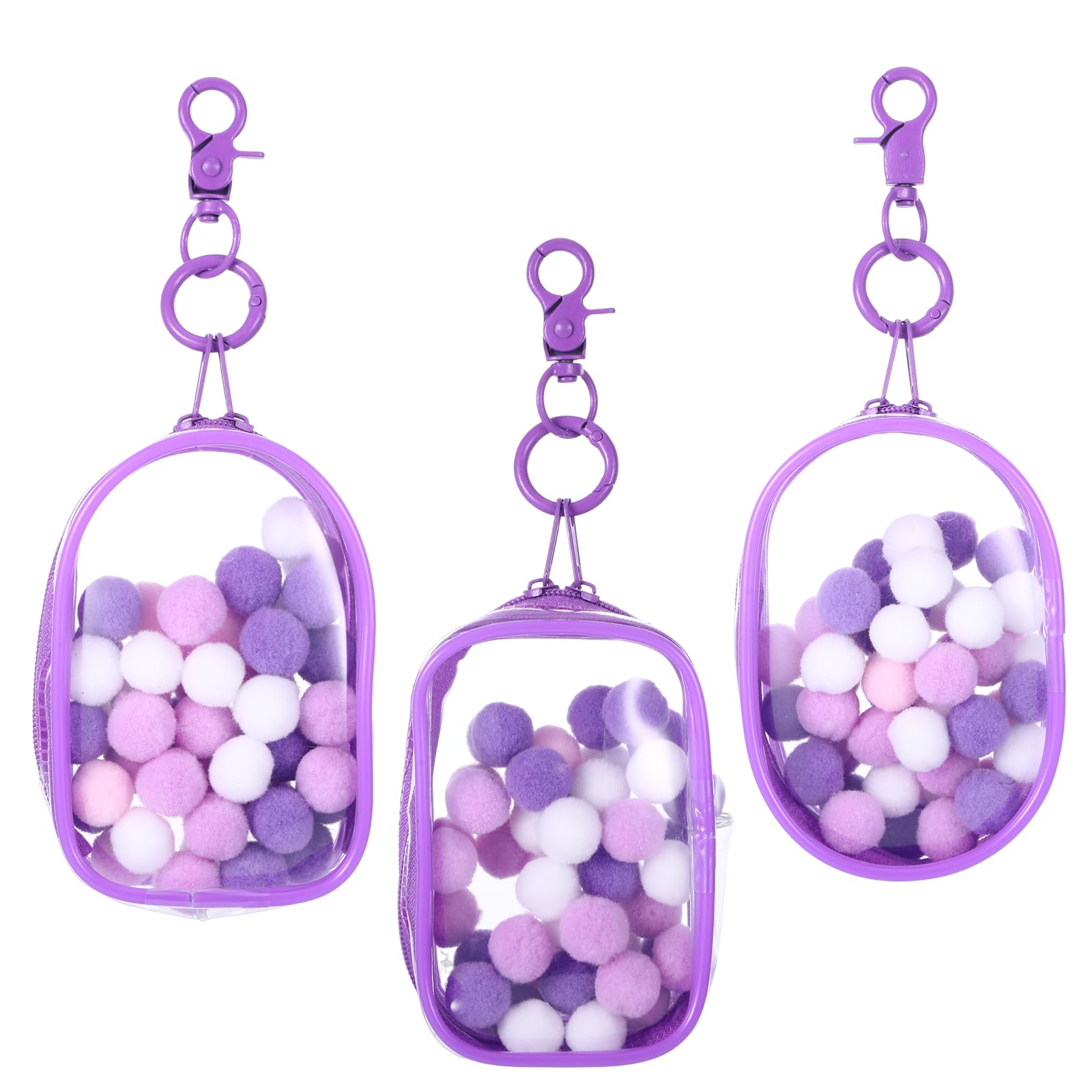 3 Pcs Clear Figure Display Bag with Keychain, Portable Small Doll Storage Hanging Zipper Closure Blind Box Display Case, Purple Dustproof Carrying