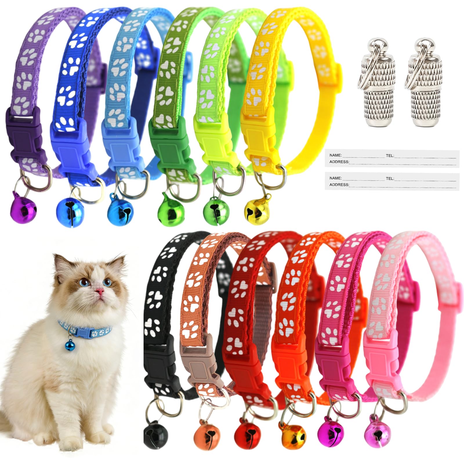 12 Piezas Collar Gato Antiahogo de Liberación rápida Reflectantes de Seguridad de Nailon Collares para Gatos con Campana y Hebilla de Seguridad