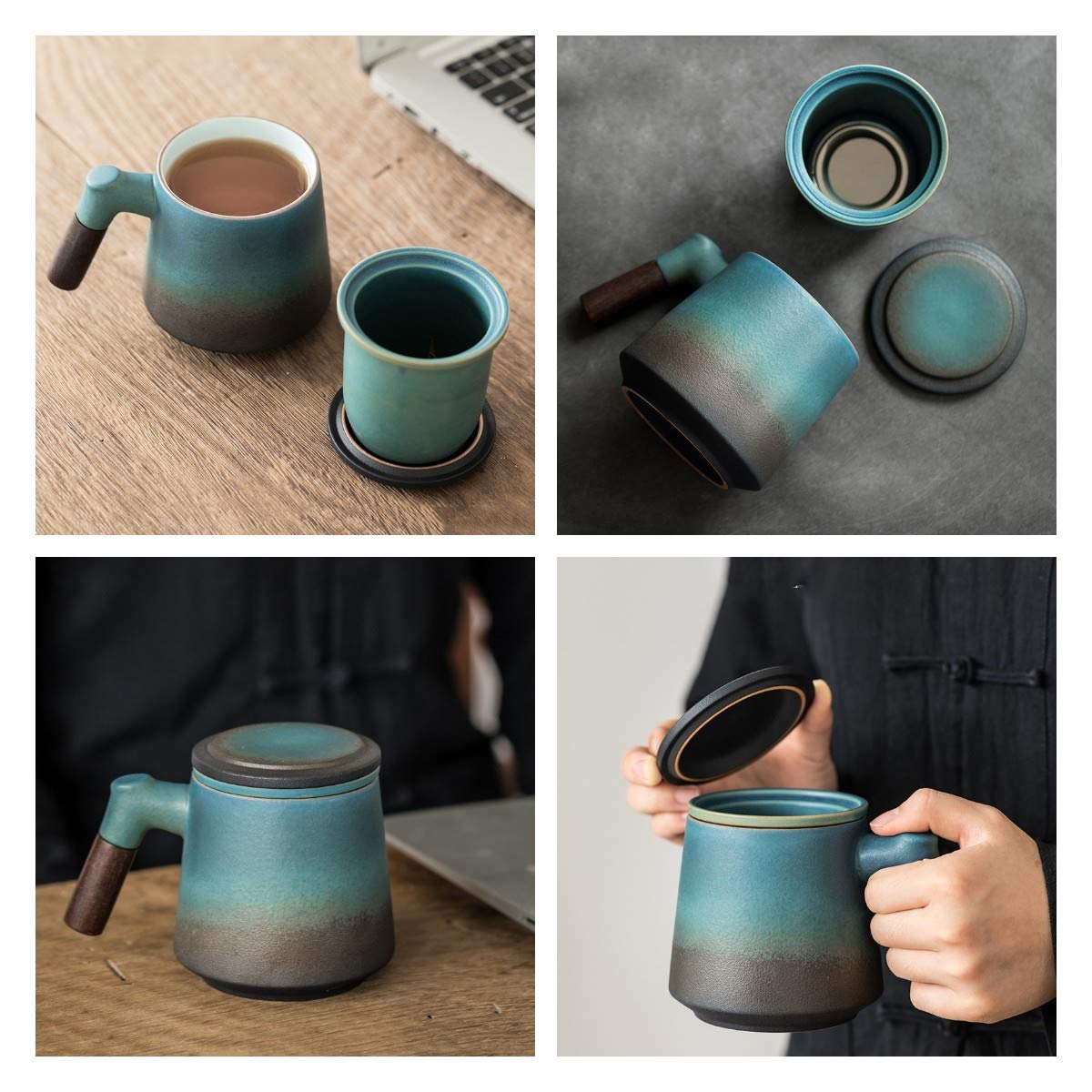 Taza de té de cerámica con filtro y tapa tazas de tazas de tazas de madera 350 ml,Multi colored