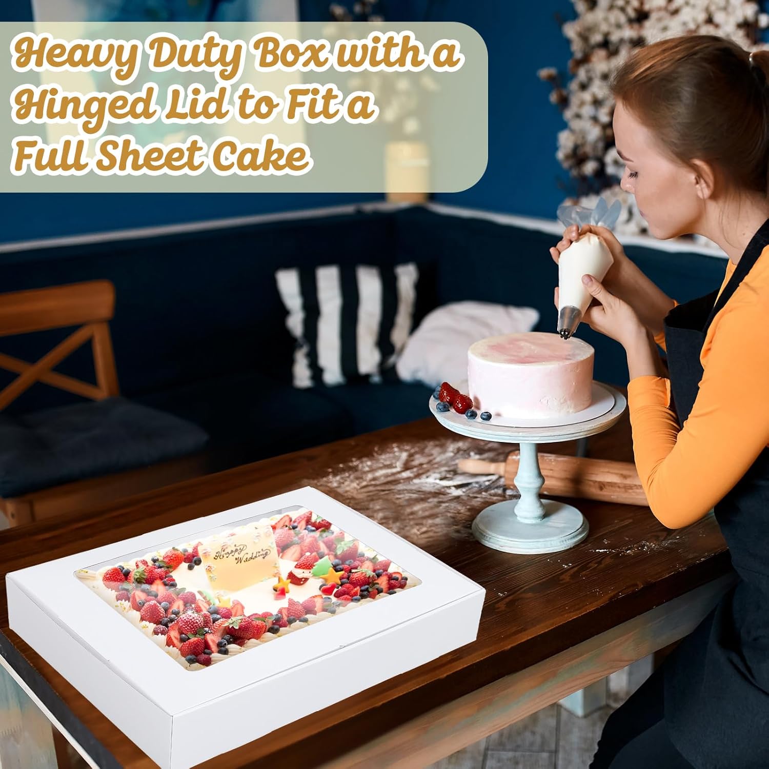 Lounsweer 13 Pcs Corrugated Full Sheet Cake Box 26 x 18 x 4 Inch with Cake Boards(6 Boxes & 6 Boards) and Pink Satin Ribbon Heavy Duty Large Rectangle Bakery Boxes with Window for Dessert Party