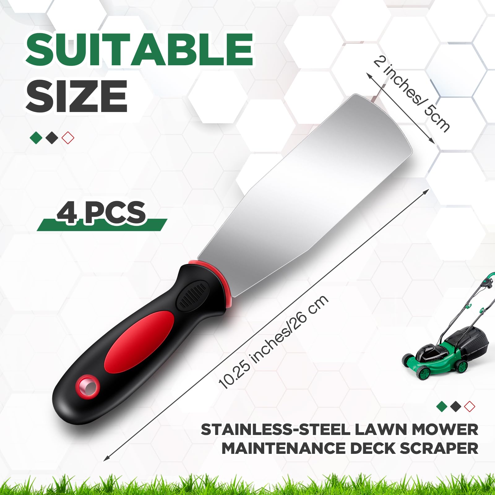 Threlaco 4 raspadores de cubierta de mantenimiento para cortacésped de 2 pulgadas, herramienta de accesorios de acero inoxidable resistente con mango antideslizante de goma para limpieza de cubierta