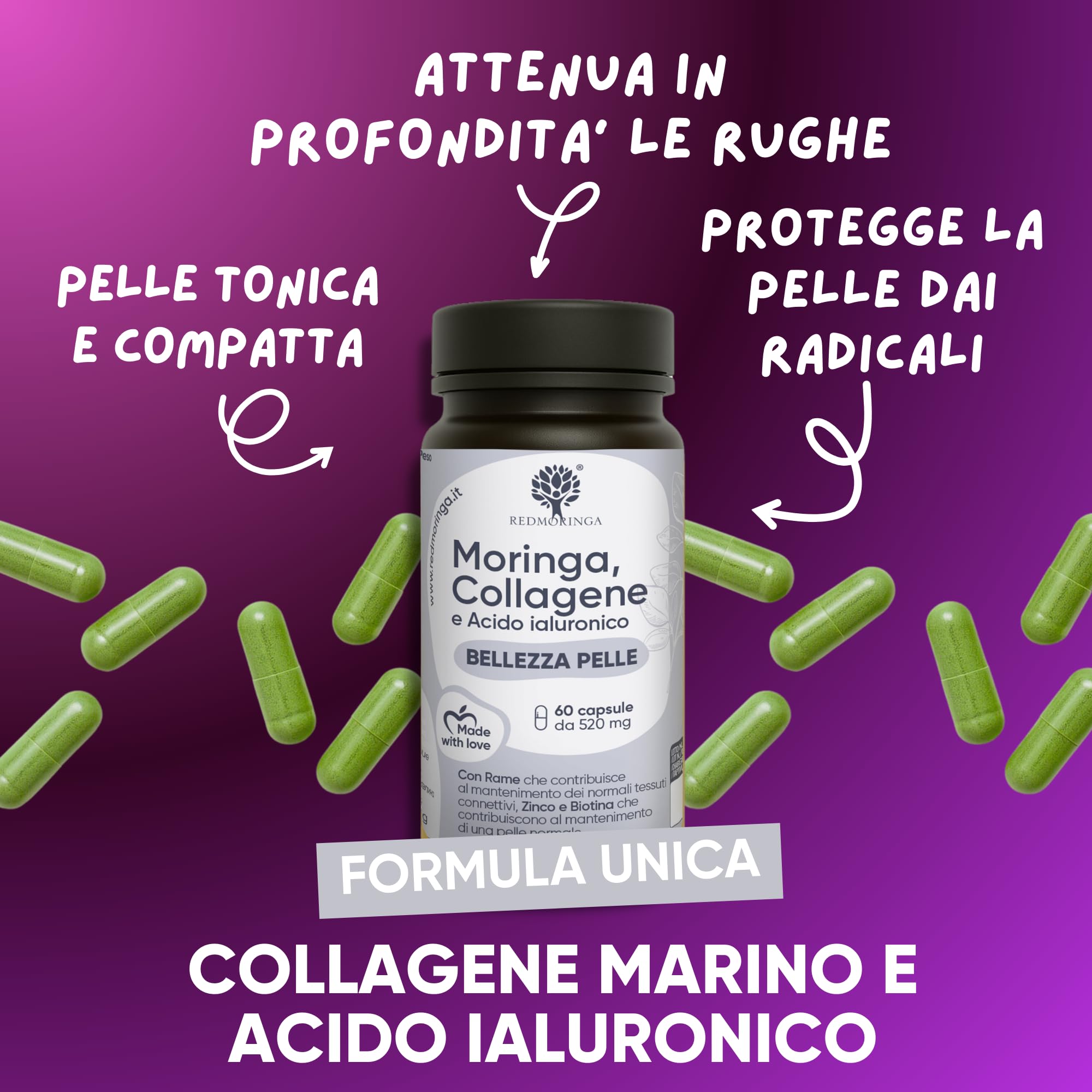 Collagene Marino Idrolizzato potenziato con Moringa BIO contro Radicali Liberi – Acido Ialuronico, Zinco, Biotina, Rame, Vit. A B2 B3 C – Integratore Pelle e Articolazioni – 60 Capsule | RedMoringa