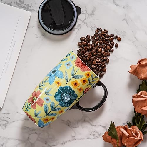 Miniatura 35 de Topadorn Taza de café de cerámica para regalo con tapa de 17 onzas, taza de té alta de porcelana con asa para el hogar y la oficina, taza con diseño