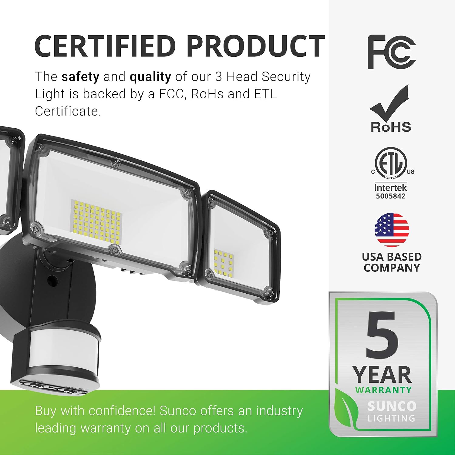 Sunco Lighting LED Flood Security Lights Outdoor Motion Sensor, 38W, 3600 LM, 5000K, Exterior Use, Hard Wired, 3 Head Floodlight, Black, Dusk to Dawn Photocell, IP65 Waterproof, ETL, 2 Pack