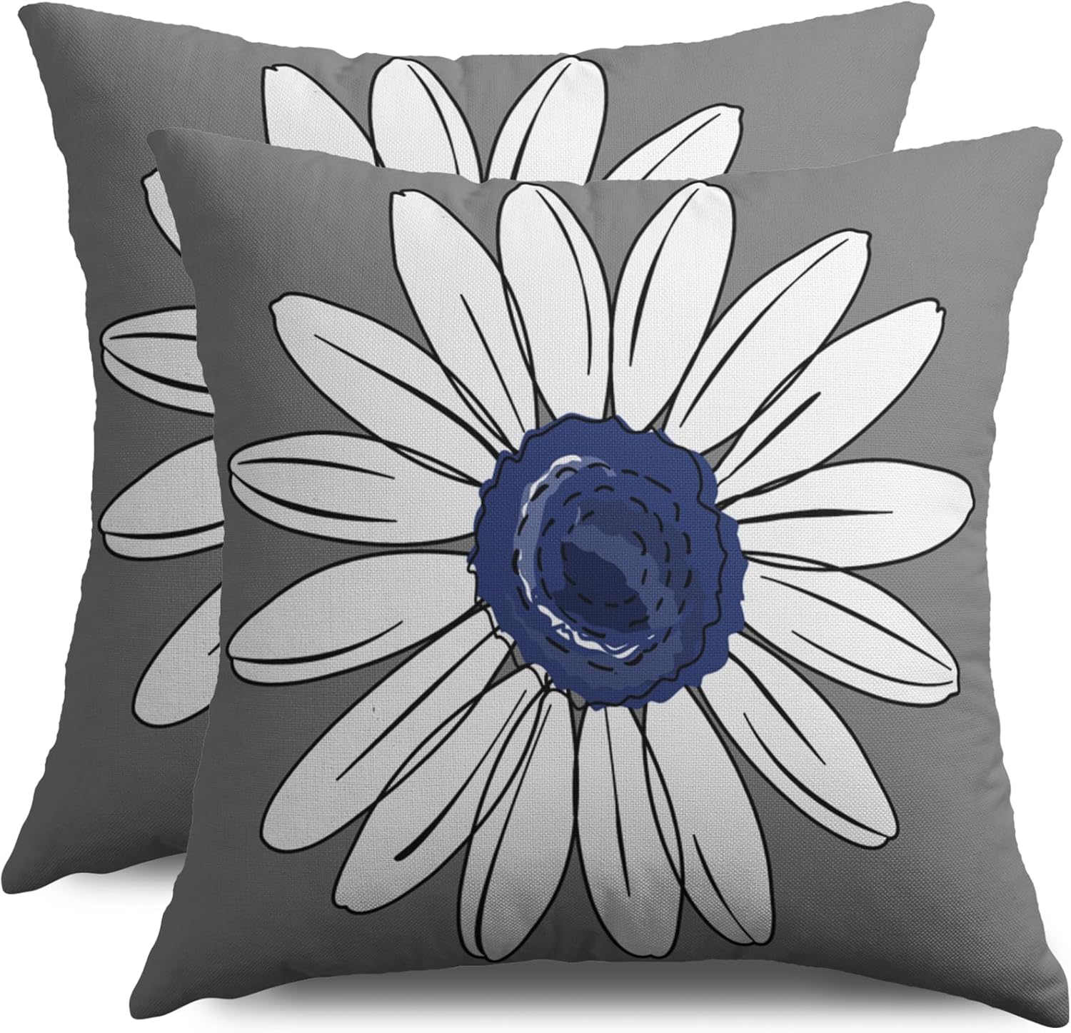 Navy Blue Grey White Daisy Pillow Covers 18X18 Set of 2, Spring Summer Flower Print Decorative Throw Pillow Covers Outdoor Farmhouse Floral Seasonal Cushion Cases Couch Sofa Bed Decor