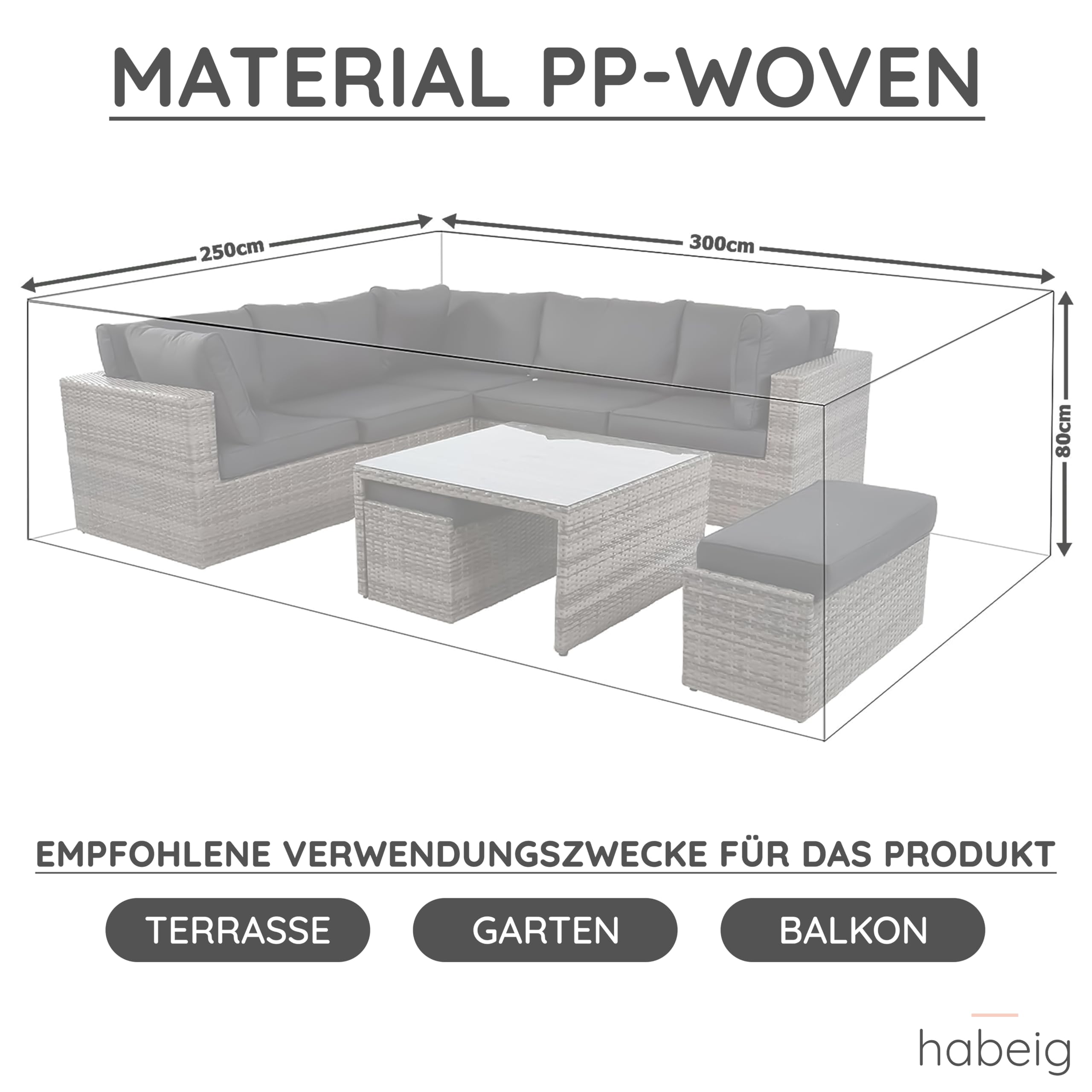 habeig Schutzhülle Abdeckung Gartenmöbel 300x250x90 cm PP-Woven wasserdicht für große Sitzgruppe Schutzhaube