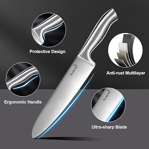 Miniatura 6 de Kuisine Juego de cuchillos afilados, moldeado de una pieza, mango ergonómico de acero antideslizante de hoja afilada, juego de cuchillos de chef con
