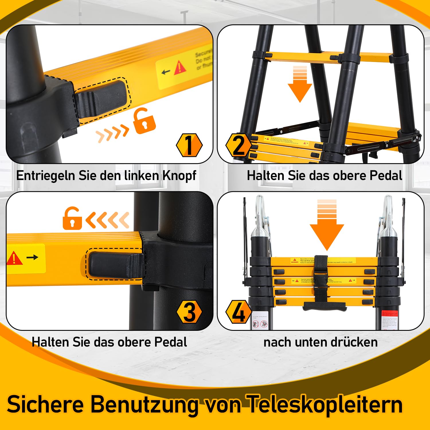 Eulenke teleskopleiter klappleiter 2,5M+2,5M Aluleiter 8+8 Stufen Stehleiter Klappleiter, 150 kg Belastbarkeit, Teleskop Ausziehleiter Haushaltsleiter, Leiter ausziehbar Schwarz Gelb