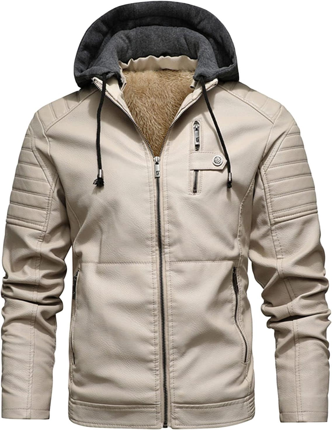 JEsilunmaMY Men's Leather Jacket with Detachable Hood Vintage Zip Fleece Lined Motorcycle Coat Warm Winter Windproof Outwear