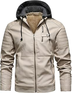 Soluo Men's Faux Leather Hood Jacket Warm PU Zip-Up Motorcycle Bomber Jackets Casual Vintage Warm Winter Outwear Coat