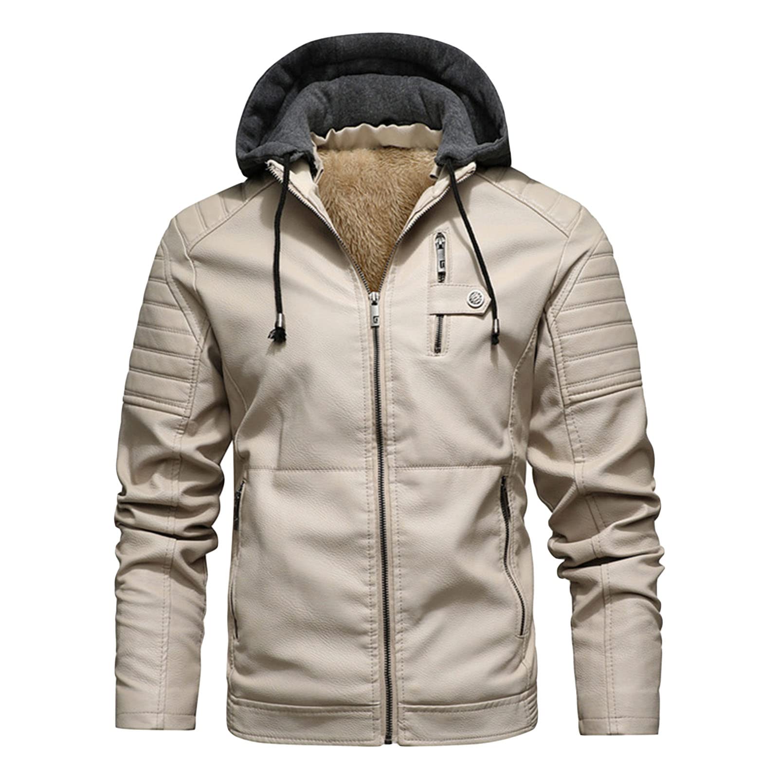 Maiyifu-GJ Motorcycle Jacket for Men Faux Leather Windproof Moto Windbreaker Vintage Bomber Hoodie with Removable Hood (Light Yellow,X-Large)