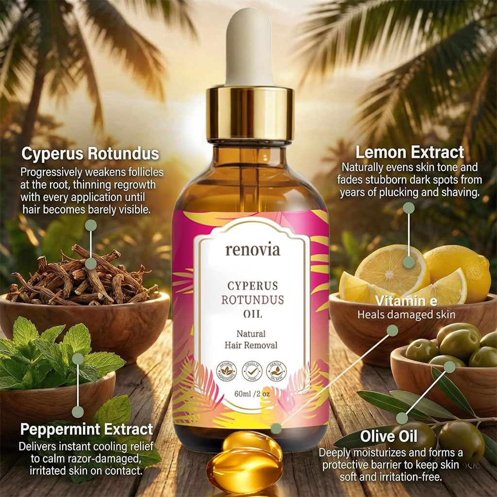 Renovia Cyperus Rotundus Oil for Hair Removal, 2026 New Renovia Cyperus Rotundus Skin Serum, Pore Minimizer, Moisturizing & Soothing, Natural Herbal Hair Removal Oil for All Skin Types (1 Bottle) - 4