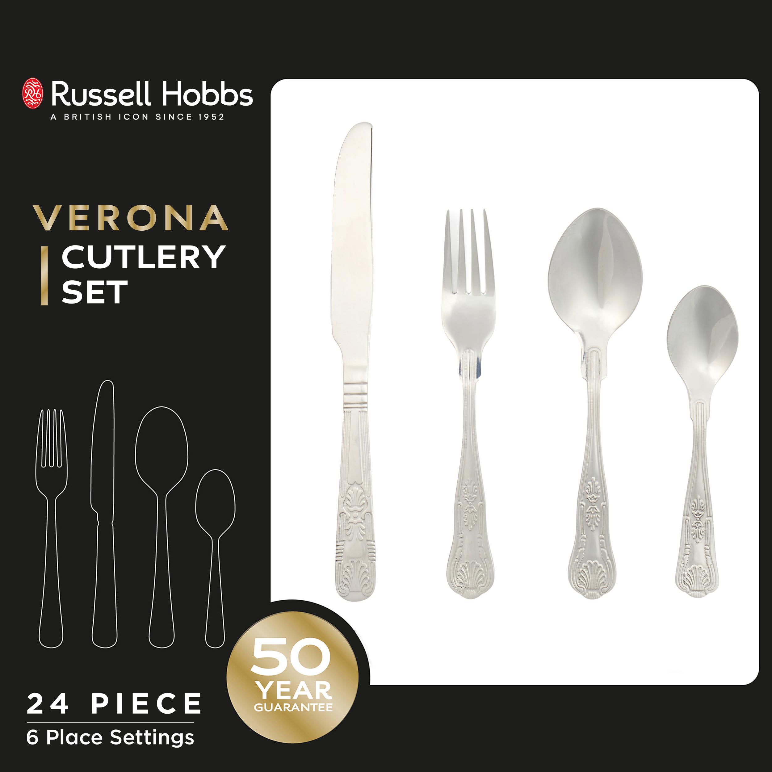 Russell Hobbs COMBO-8758 Verona - Cubertería - 72 piezas de acero inoxidable 18/10, utensilios de mesa para 18 lugares, apto para lavavajillas, tenedores, cuchillos, cucharas, cucharillas incluidas en | 18 lugares, acabado pulido de espejo, apto para lava