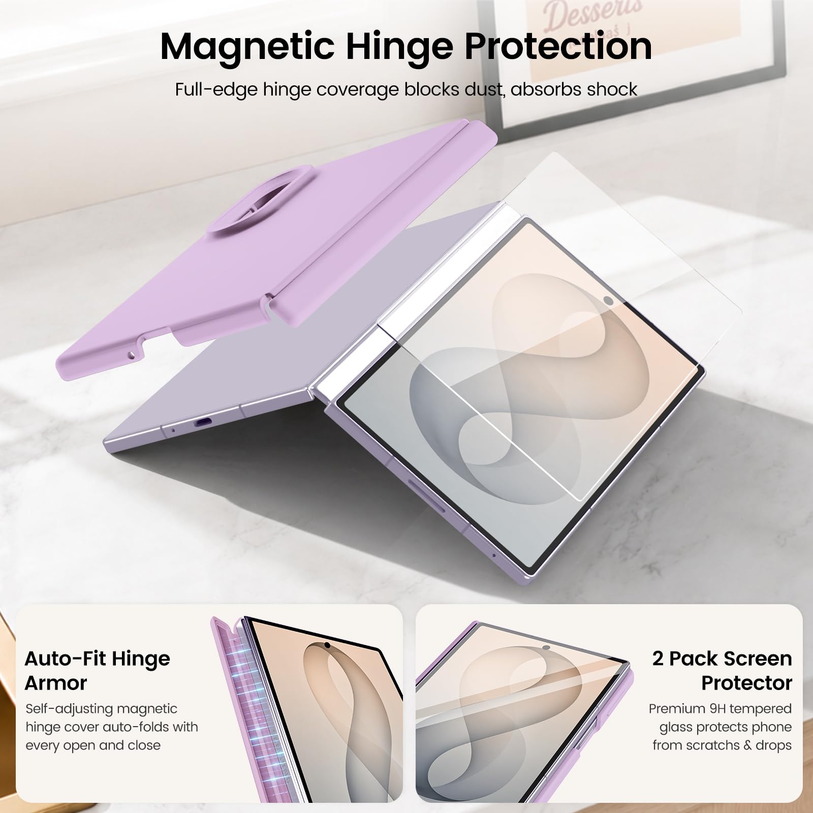 GOODVISH Custodia per Samsung Z Fold8 con 2 pellicole protettive, viola | Custodia magnetica 3 in 1 per Galaxy Z Fold8 Wide, custodia protettiva per fotocamera, fodera in morbida microfibra, antiurto