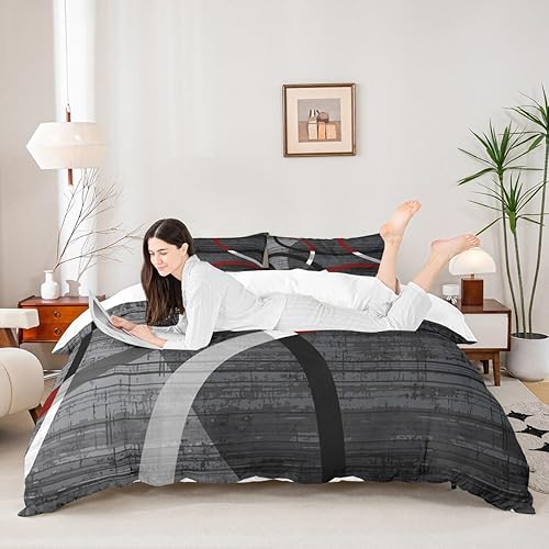 Miniatura 2 de Juego de ropa de cama retro a rayas circulares, tamaño Queen, funda de edredón para niños y niñas, juego de funda de edredón moderna abstracta