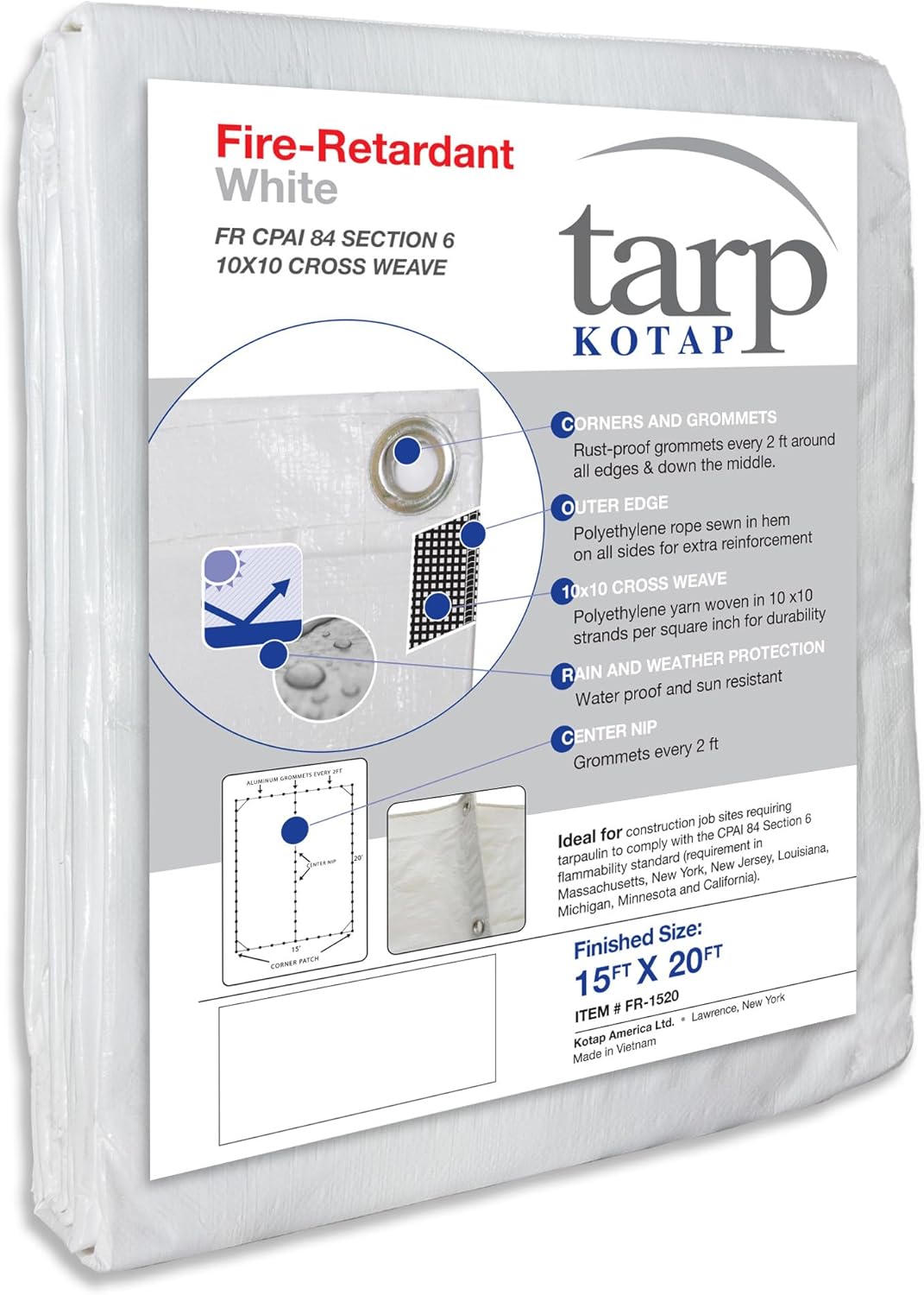 Kotap 15 x 20 Ft. Fire-Retardant Tarp for Construction Job Sites Requiring Tarpaulin, White (FR-1520) 15 x 20-Foot Tarp Fire Retardant