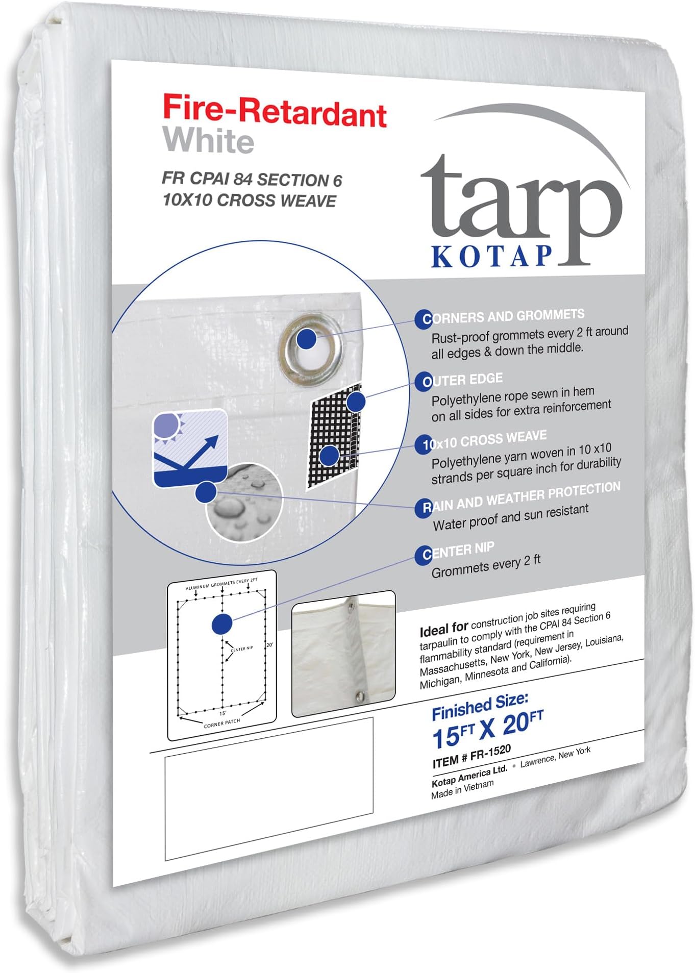 Kotap 15 x 20 Ft. Fire-Retardant Tarp for Construction Job Sites Requiring Tarpaulin, White (FR-1520)