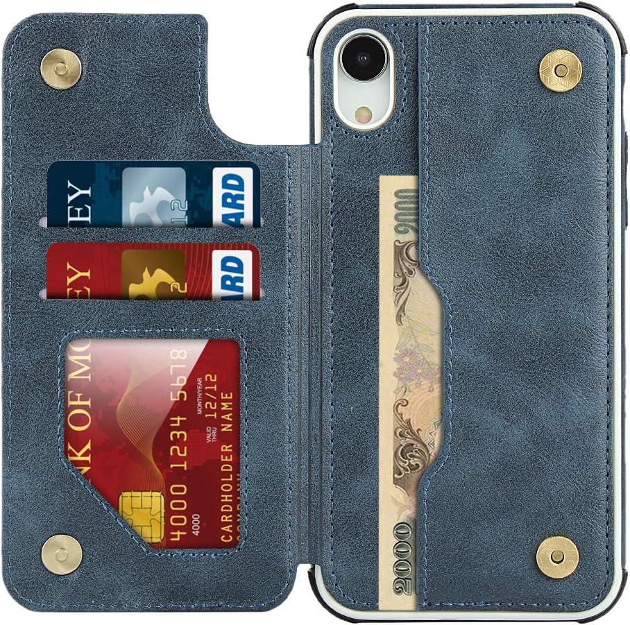 Cavor for iPhone Xr Case with Card Holder,Xr Wallet Case for Women Men,for iPhone Xr Phone Case with Stand and Strap,Leather Shockproof Protective- Blue