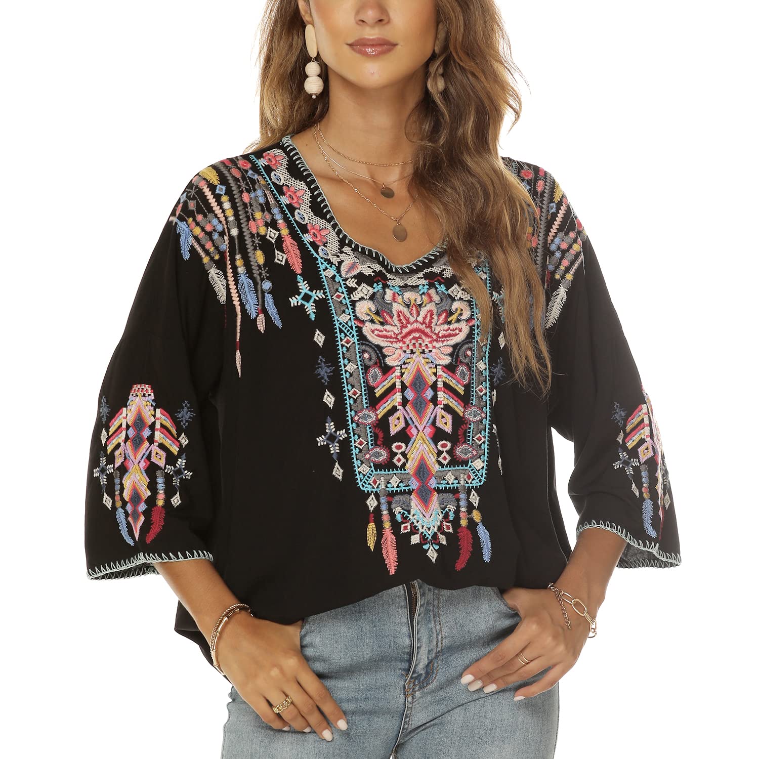 Boho Stickerei Bluse Hippie Kleidung Damen 70er 80er Jahre Bekleidung Bohemian Folklore Besticktes Tunika 3/4Ärmel elegant Oberteile