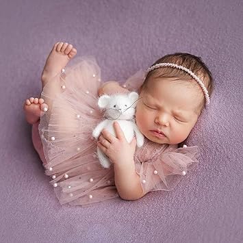 Pink Lace Newborn Photography Outfits Girl Newborn Photography Props Pearl Lace Rompers Newborn Girl Lace Romper Photoshoot Outfits Baby Photo Props (Short Sleeve, Pink, 0-2Months)