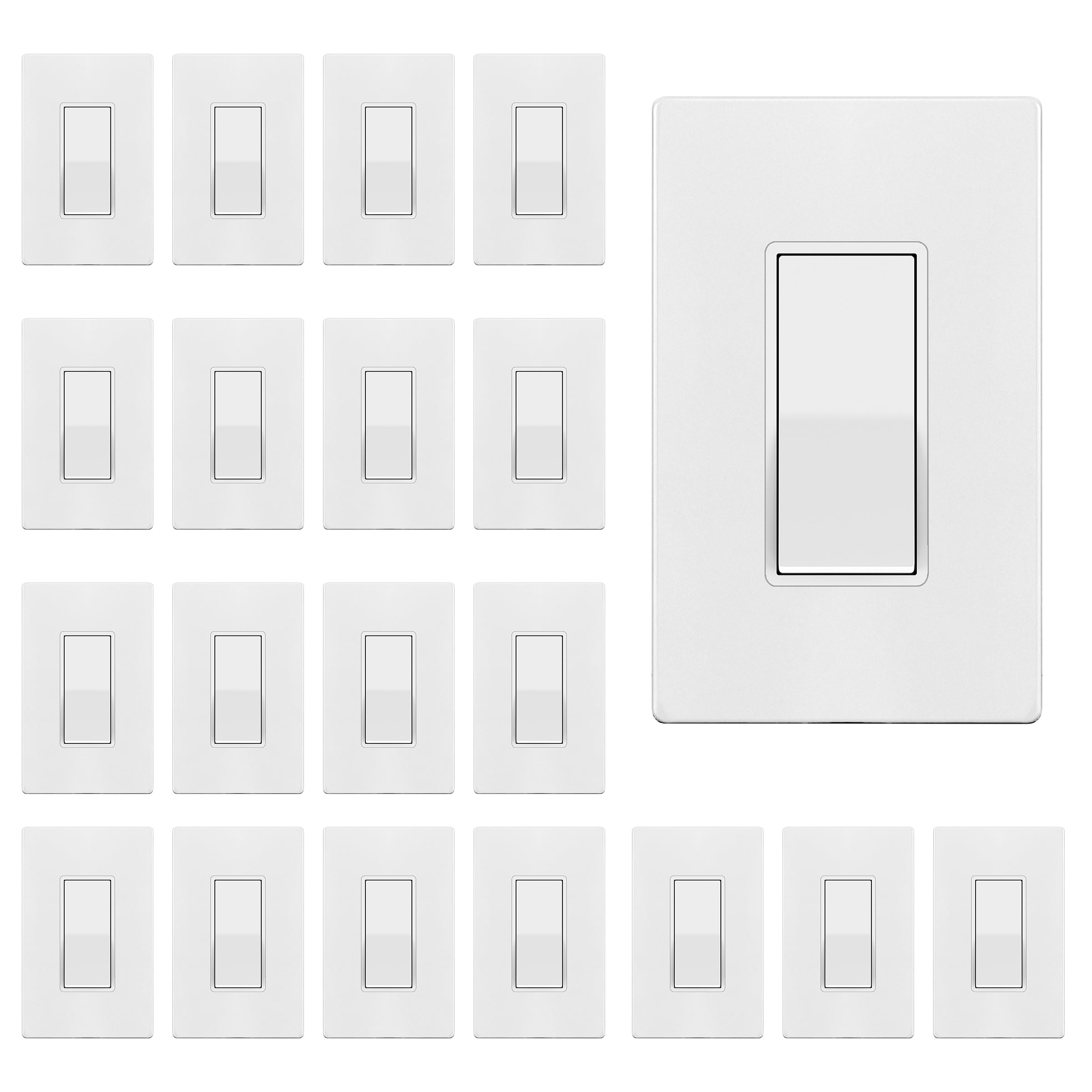 TG Matte White Light Switch with Screwless Wall Plate, Decorator Paddle Rocker Wall Switch, Single Pole, Grounding Screw, Residential Grade, 15A 120V/