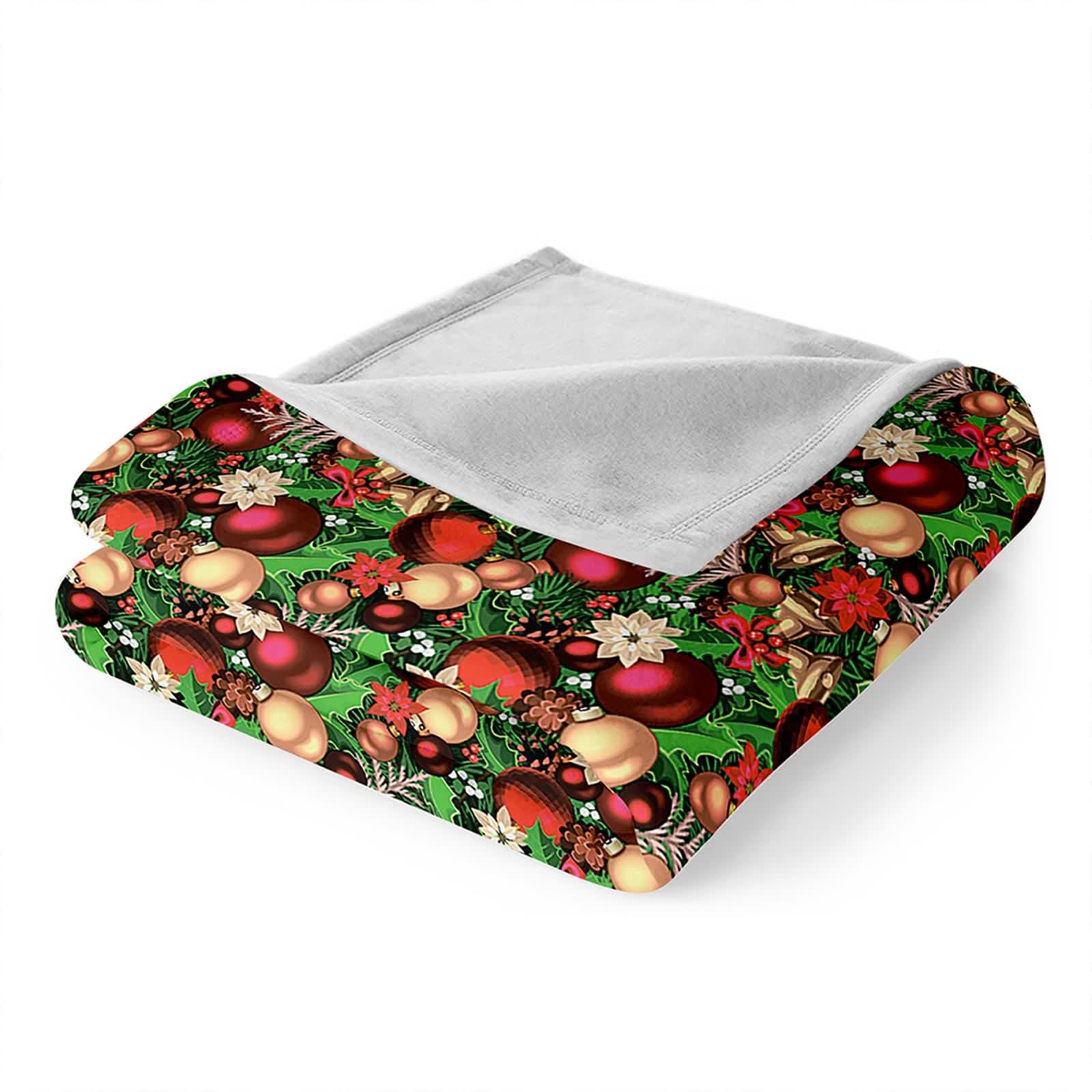 Daesar - Manta Decorativa para Cama,Cobija Cama 90 Manta Sofa Hojas de Pino y Campanas y Bolas de Decoración Navideña Manta Franela 130x150cm Manta Sofá Verde Rojo Oro