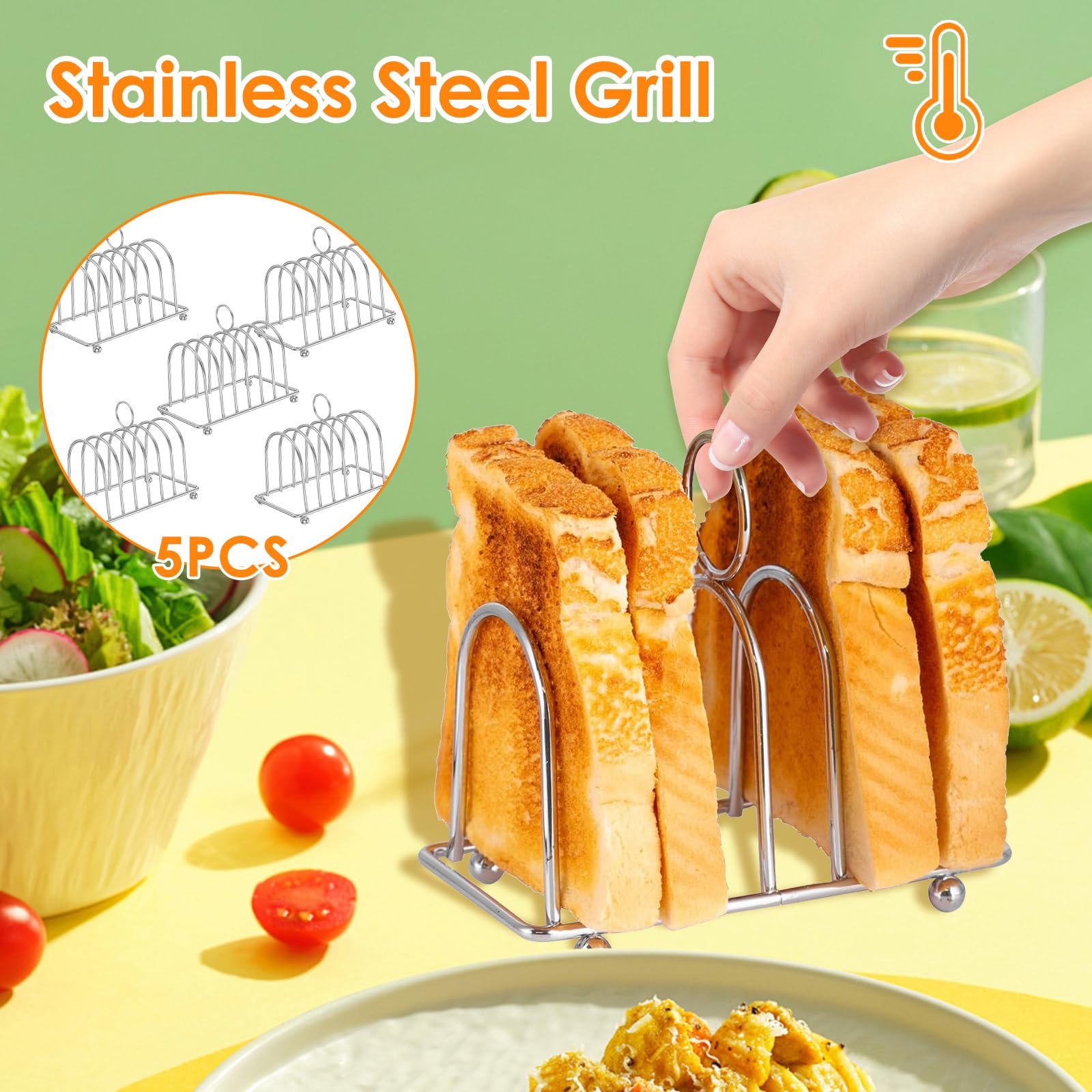 2 or 5 Pcs Toast Rack with Ball Feet and Loop Carry Handle 6 Slots Toast Holder Stainless Steel Toast Stand Countertop Bread Display Stand for Bread Toast