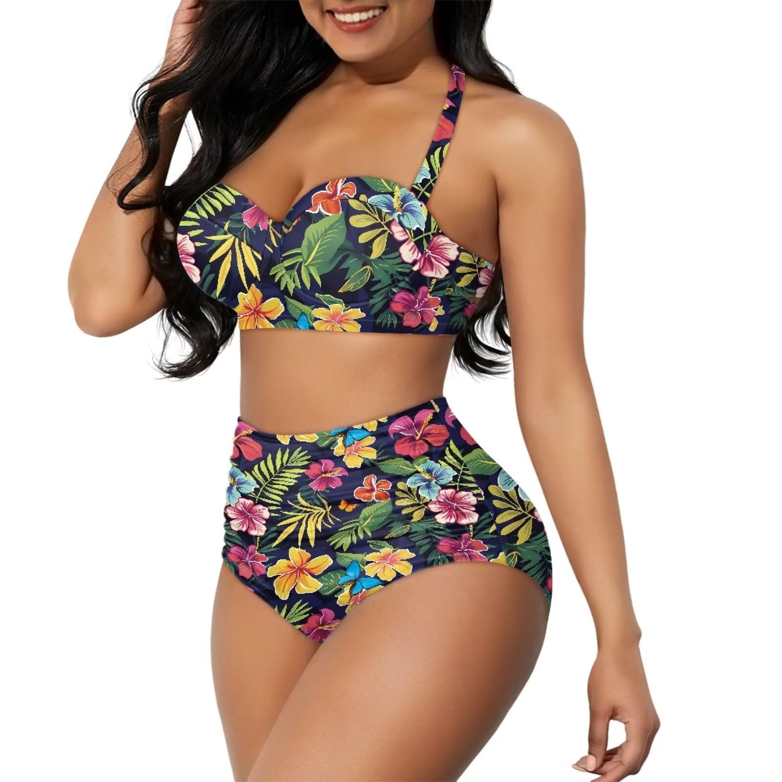 Biyejit Costumi da bagno da donna 2 pezzi controllo pancia bikini set donna vita alta costumi da bagno costumi da bagno morbido vestito estivo S-2XL