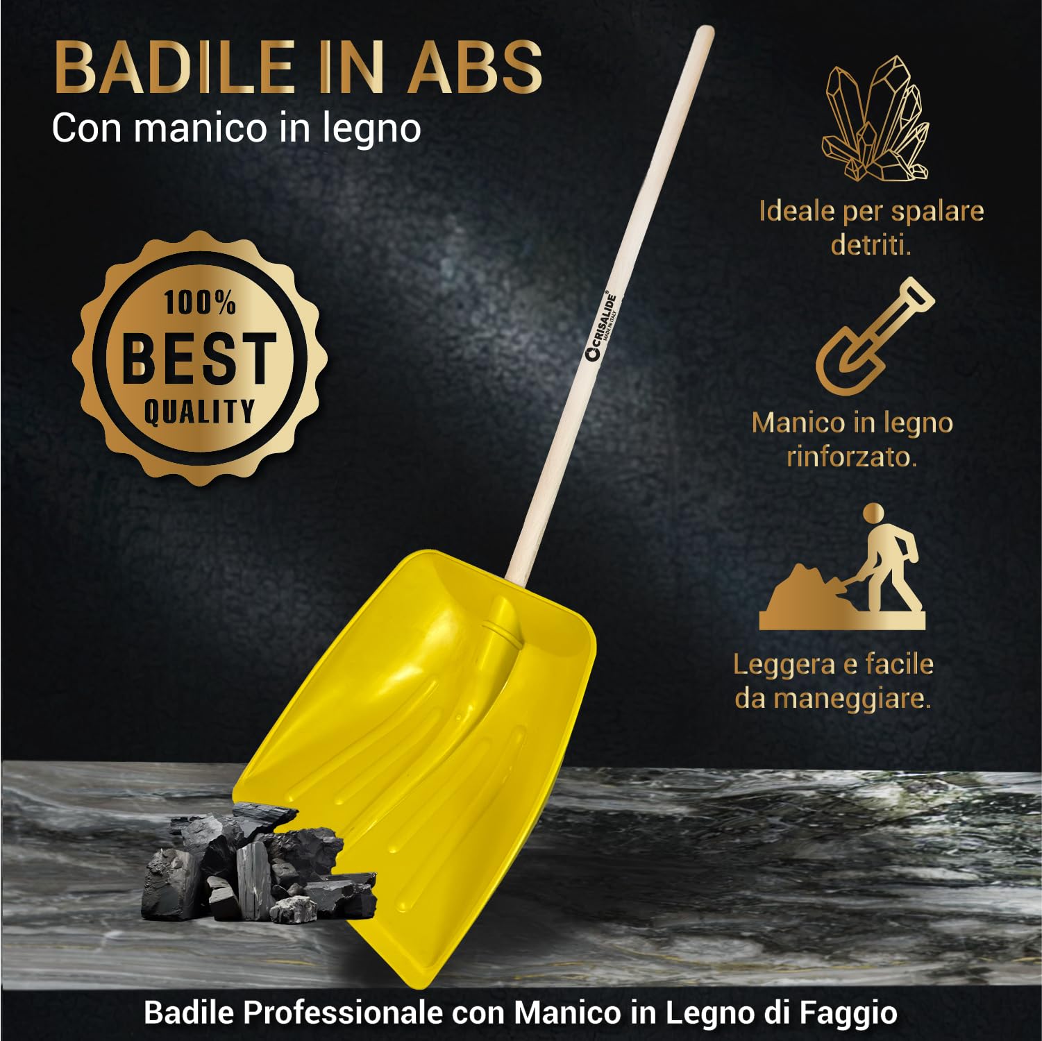 Crisalide® - Badile Super Resistente 37x42 cm con Manico in Legno - Versatile per Uso Agricolo, Giardinaggio e Lavori Pesanti, Multiuso, Pala da Neve