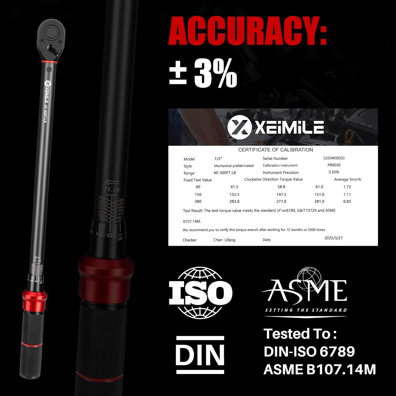 1/2-Inch Drive Click Torque Wrench - 40-300 FT.LB/54.2-406.5 Nm, Dual-Direction Adjustable 72 Tooth Torque Wrench with Dual Range Scales, High 3% Precision for Bike, Motorcycle and Car Repair