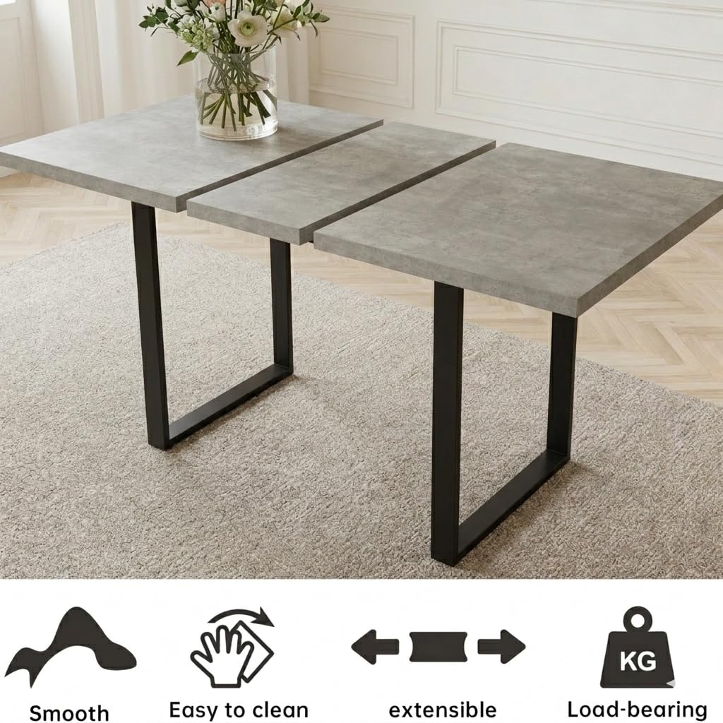 JIEXI Set di 6 tavoli da pranzo allungabili, 130 x 170 cm, 6 sedie in tessuto, superficie rettangolare in MDF e polvere di cemento, stile moderno e contemporaneo, per sala da pranzo e cucina