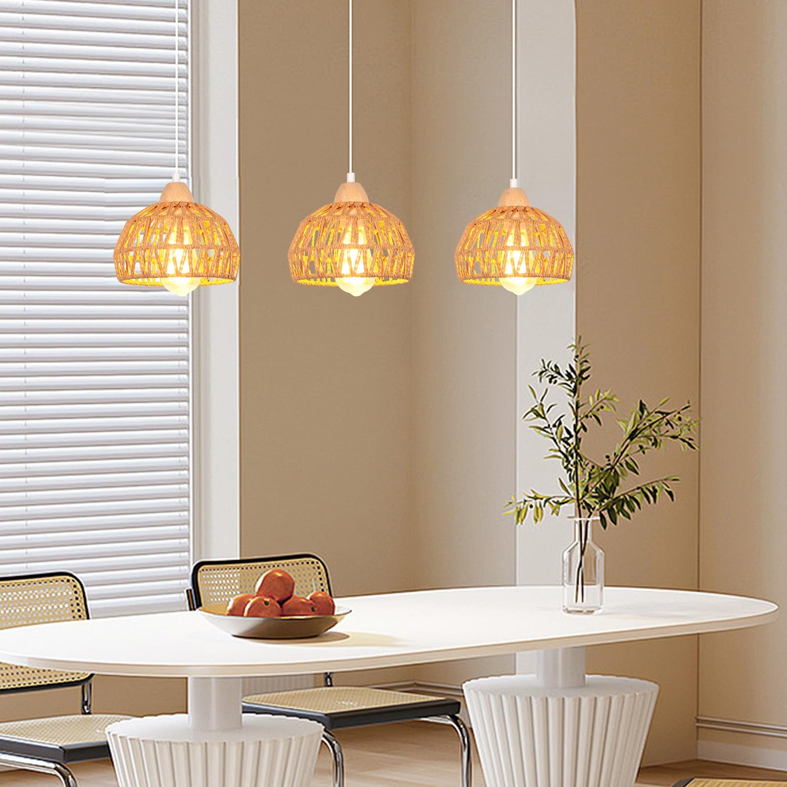 iDEGU Lampa wisząca vintage 3-żarówkowa żyrandol z drewna i rattanu, abażur 20 cm, E27, lampa wisząca, dekoracja, retro, do jadalni, sypialni, salonu, kuchni (brązowa, belka)