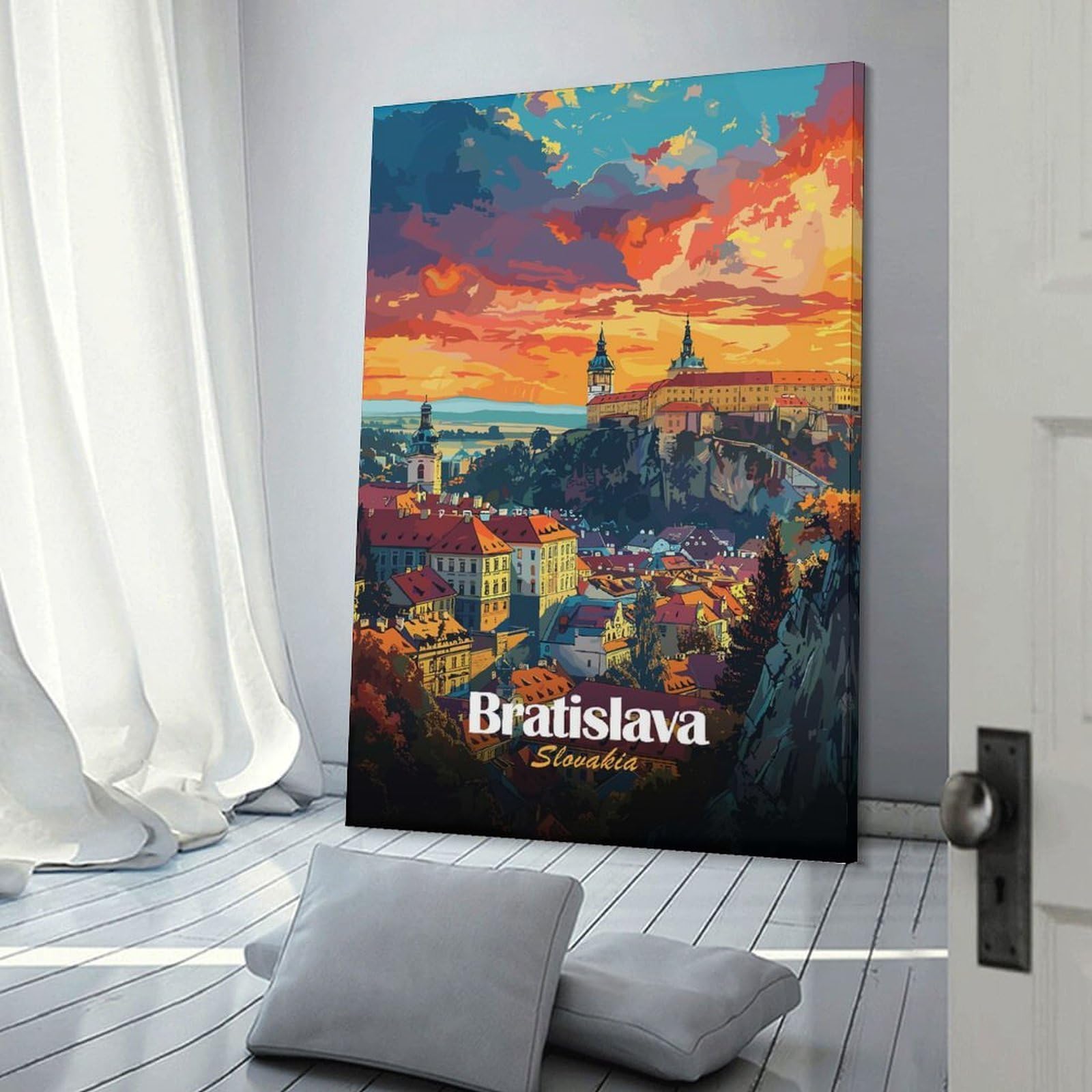 Junmoney Bratislava Cityscape Sunset Canvas Wall Decor 24x36inch(60x90cm), for Workspace Walls, Study Corners Or Bedrooms, Decorative Artwork for Productive Spaces