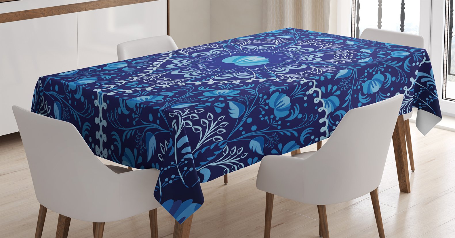 Ambesonne Navy Blue Tablecloth, Circular and Floral Alike Oriental Style Patterned Design Artwork, Dining Room Kitchen Rectangular Table Cover, 52" X 70", Navy Blue