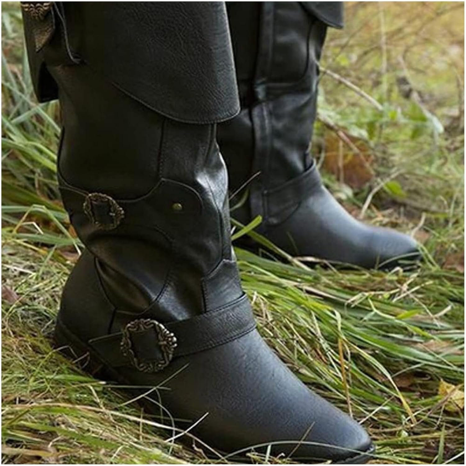 Mittelalterliche Ritterstiefel für Erwachsene Cosplay - Retro Langschaft Leder Manschettenschuhe - PU Leder Stiefel Renaissance Plus Size Stiefel Schuhe mit Gürtelschnalle,Schwarz,45
