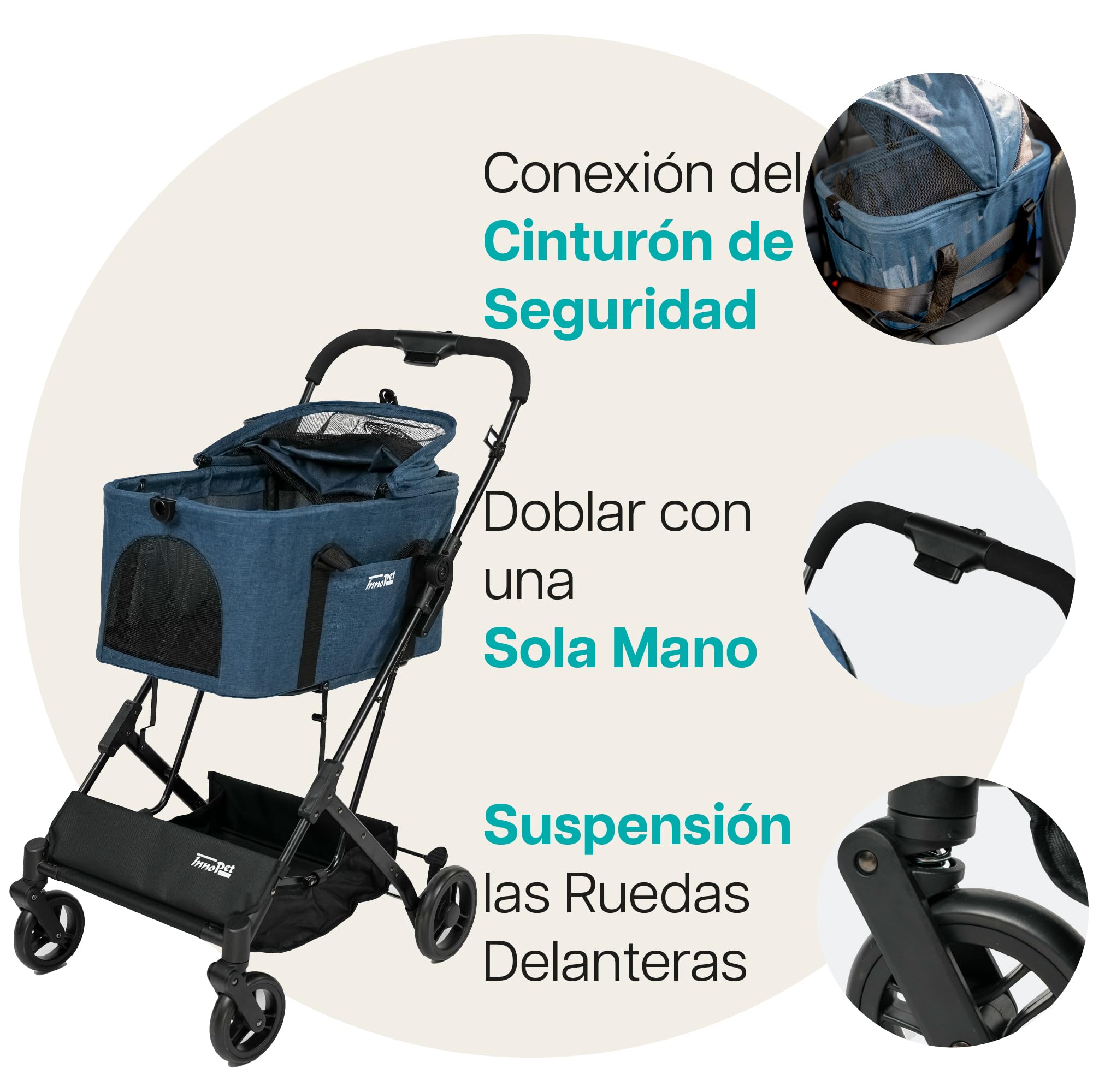 Innopet 2 en 1 carrito compacto - Cochecito plegable con transportín desmontable y asiento de coche, para perros y gatos hasta 20kg, con cesta y portavasos