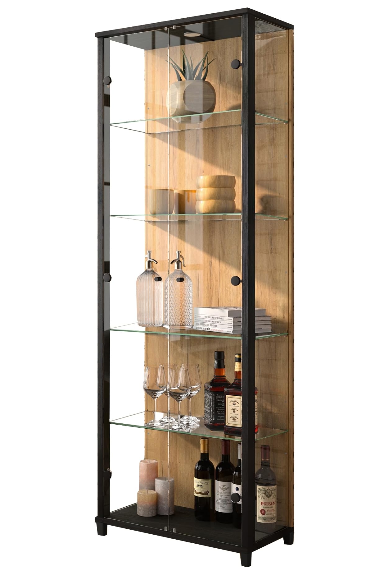 möbelando Vitrine >Optima< in Schwarz mit farblich abgesetzter Rückwand in Wildeiche-Dekor, inkl. LED-Spot-Beleuchtung, 2 Türen, 5 Fächer, vielseitig einsetzbar, 57,6x171,8x32cm (B/H/T)