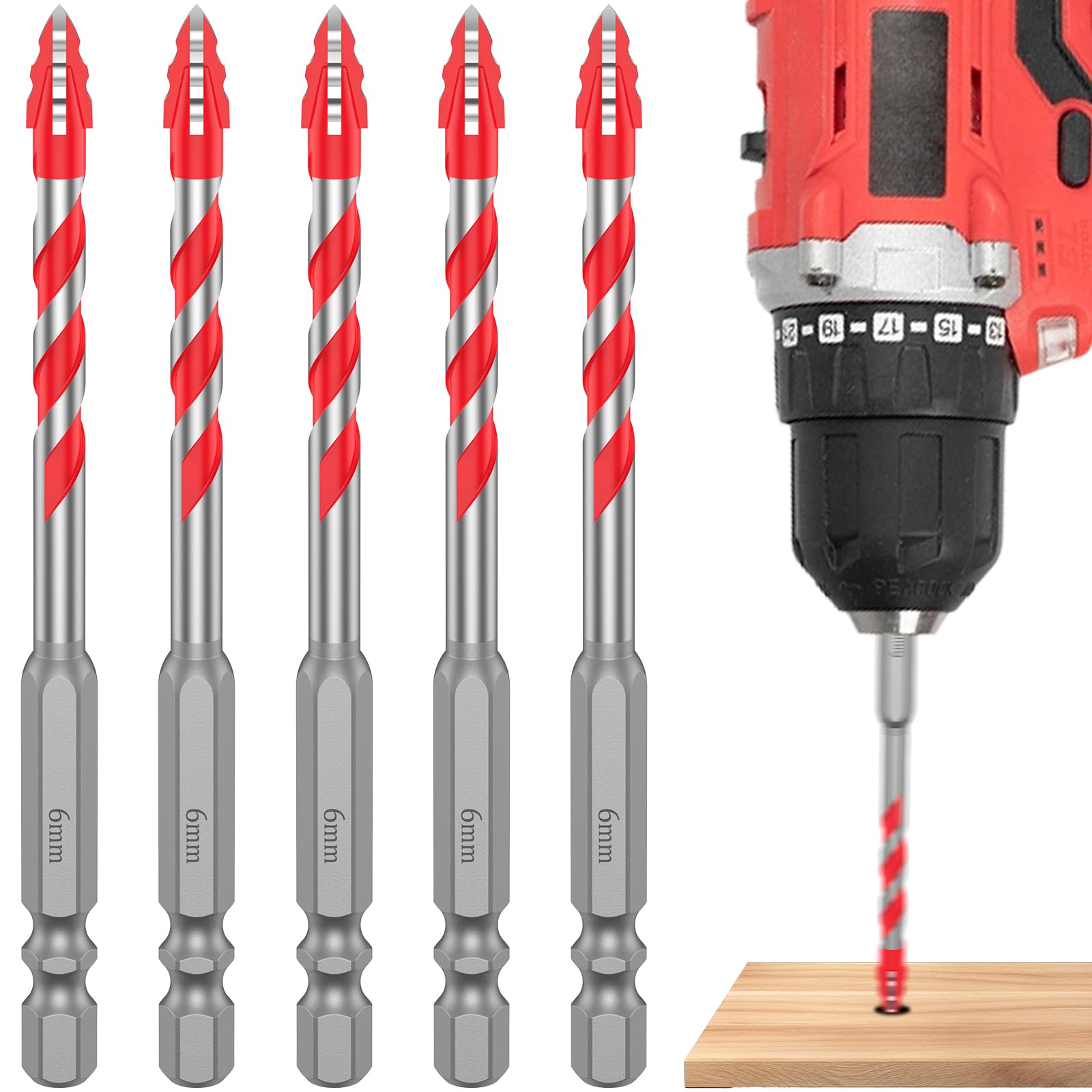5 Pcs Eccentric Drill Bit Masonry Drill Bits Four Blade Serrated Eccentric Drills Professional Carbide Eccentrics Bit for Tile Glass Quartz Stone Porcelain Ceramic Brick Granite Plastic Wood 6mm