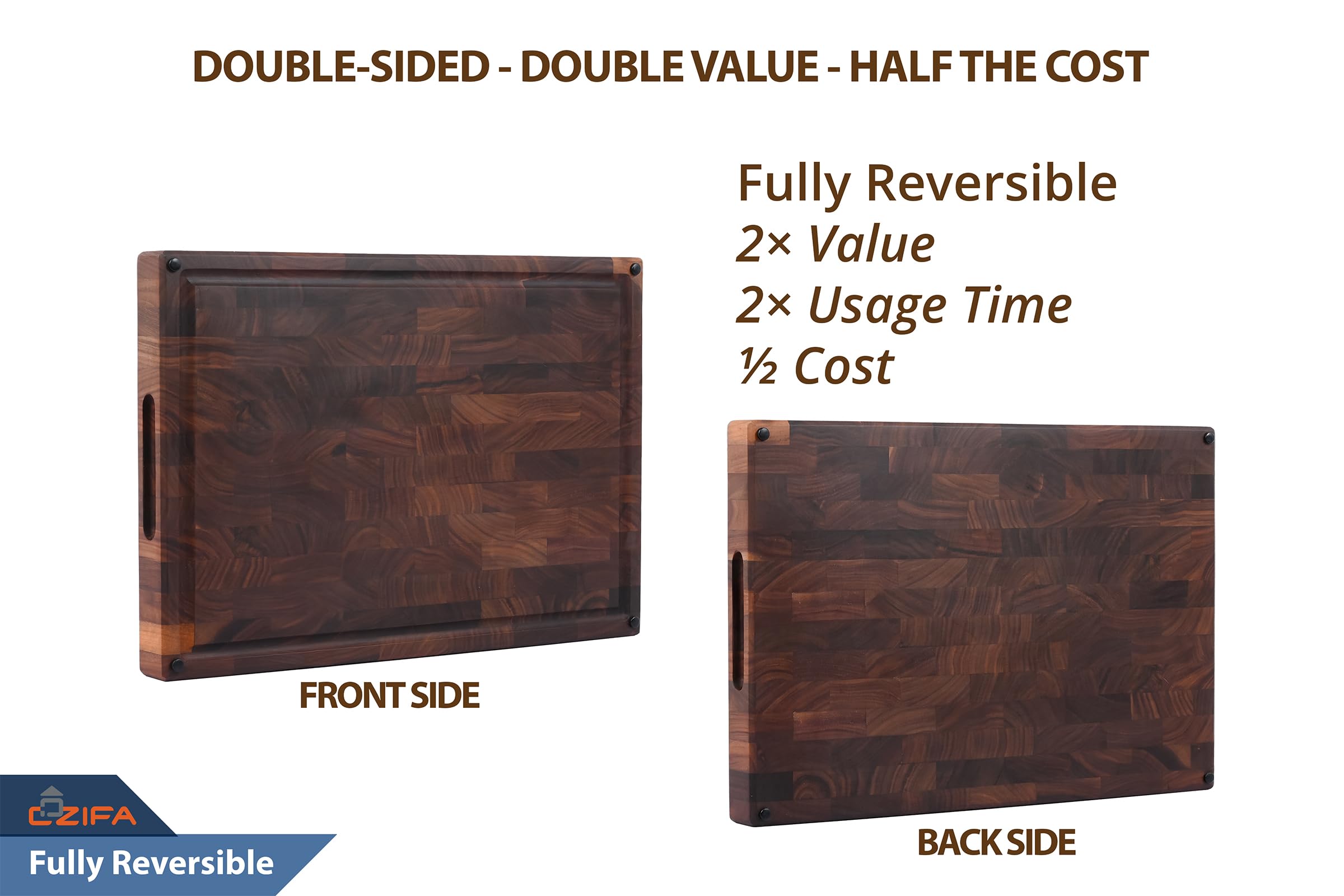 Cozifa American Dark Walnut Wood Cutting Board 17"x12"x1.6" for Kitchen with Juice Groove, Inner Handles, Gift Box Packaging and End Grain Butcher Block Finished with Linseed Oil, Beeswax & Lemon Oil