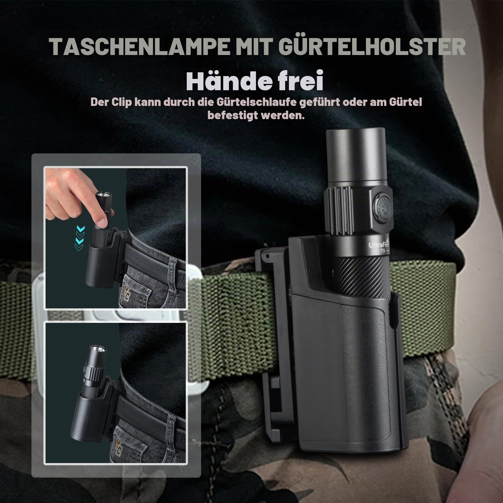 UltraFire Wiederaufladbare Taktische Taschenlampe mit Holster, 1800 Lumen 5 Modi Polizei Taschenlampe, Doppelschalter LED Taschenlampe für Strafverfolgung Camping Outdoor T5