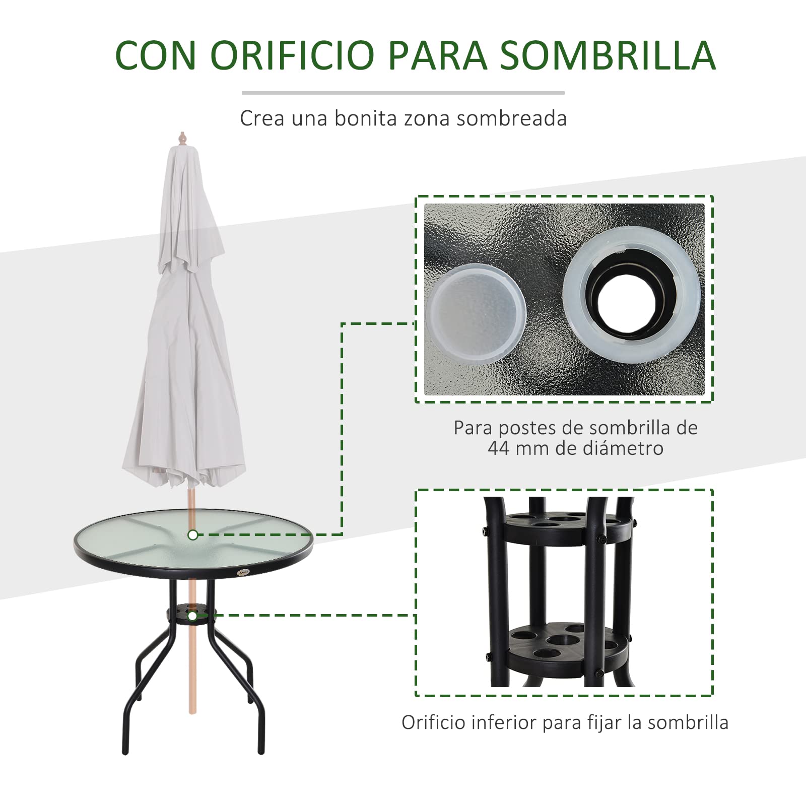 Outsunny Mesa de Jardín Redonda Mesa Comedor de Cristal Templado con Agujero para Sombrilla y Estructura Metálica para Patio Terraza Balcón Exterior Ø80x72 cm Negro