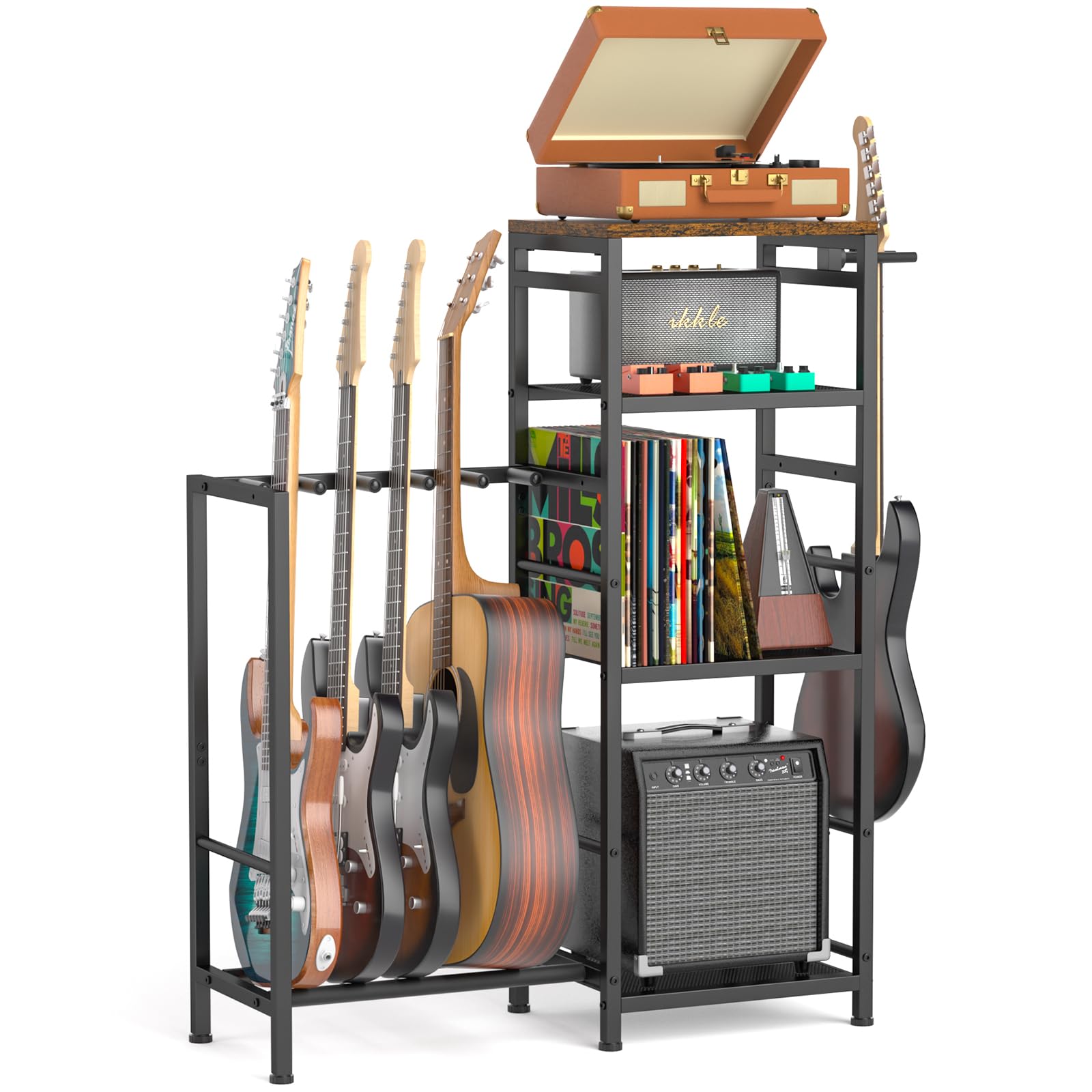 ikkle Soporte para múltiples guitarras con compartimentos de almacenamiento | Soporte de guitarra con soporte para discos, tocadiscos y amplificador, almacenamiento de guitarra para estudio en casa