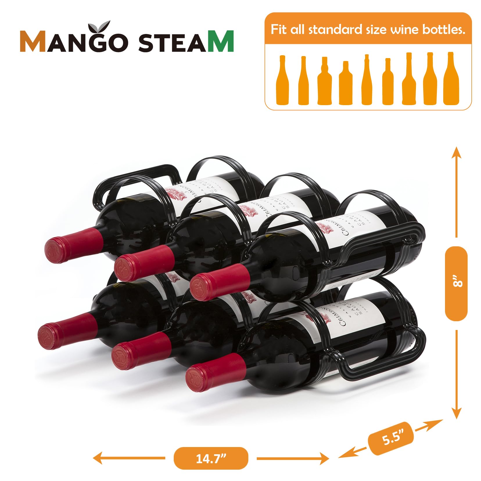 Mango Steam Casier à Vin de Comptoir 6 Bouteilles - Organisateur de Rangement pour Comptoirs de Cuisine, Garde-Manger, Réfrigérateur - (Noir)