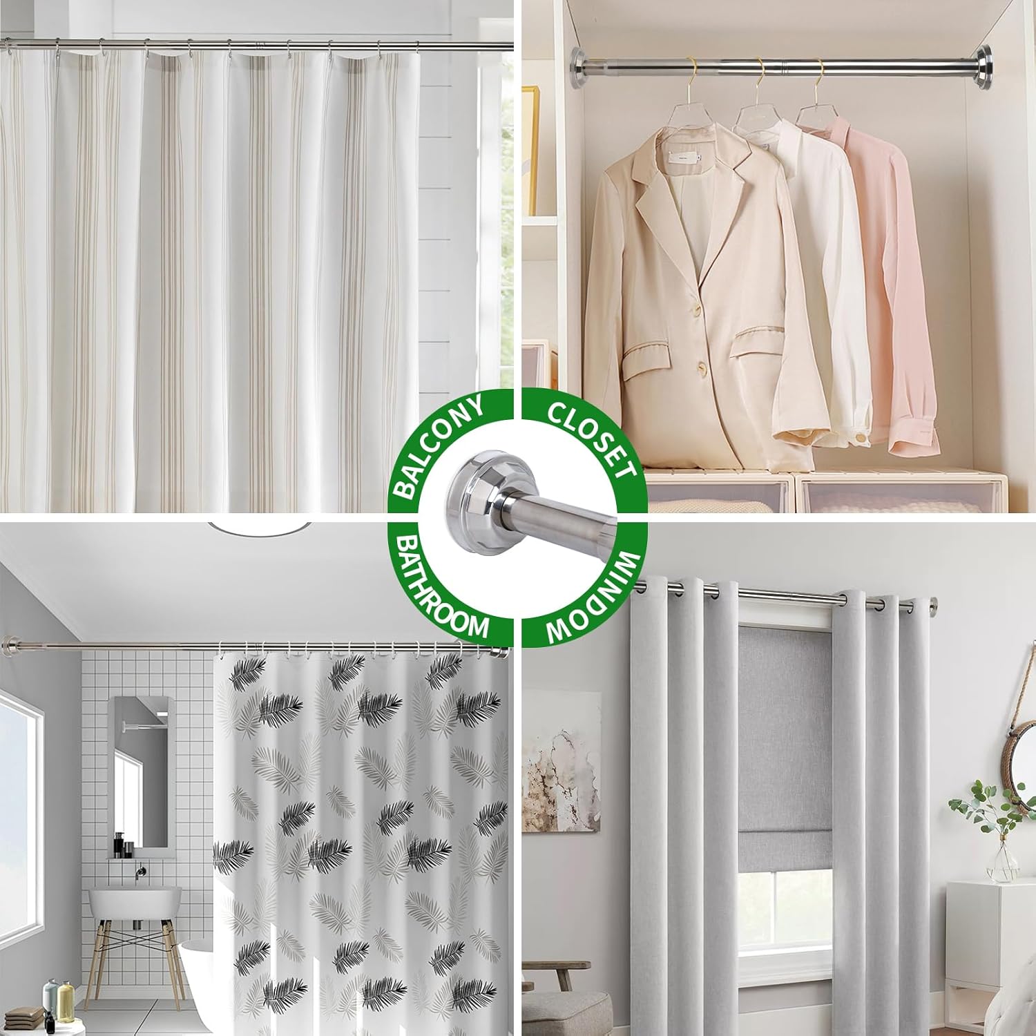 Silver Shower Curtain Rod, 33-78inch Adjustable Tension Shower Curtain Rod, Stainless Steel No Drilling No Rust Non-Slip For Bathroom