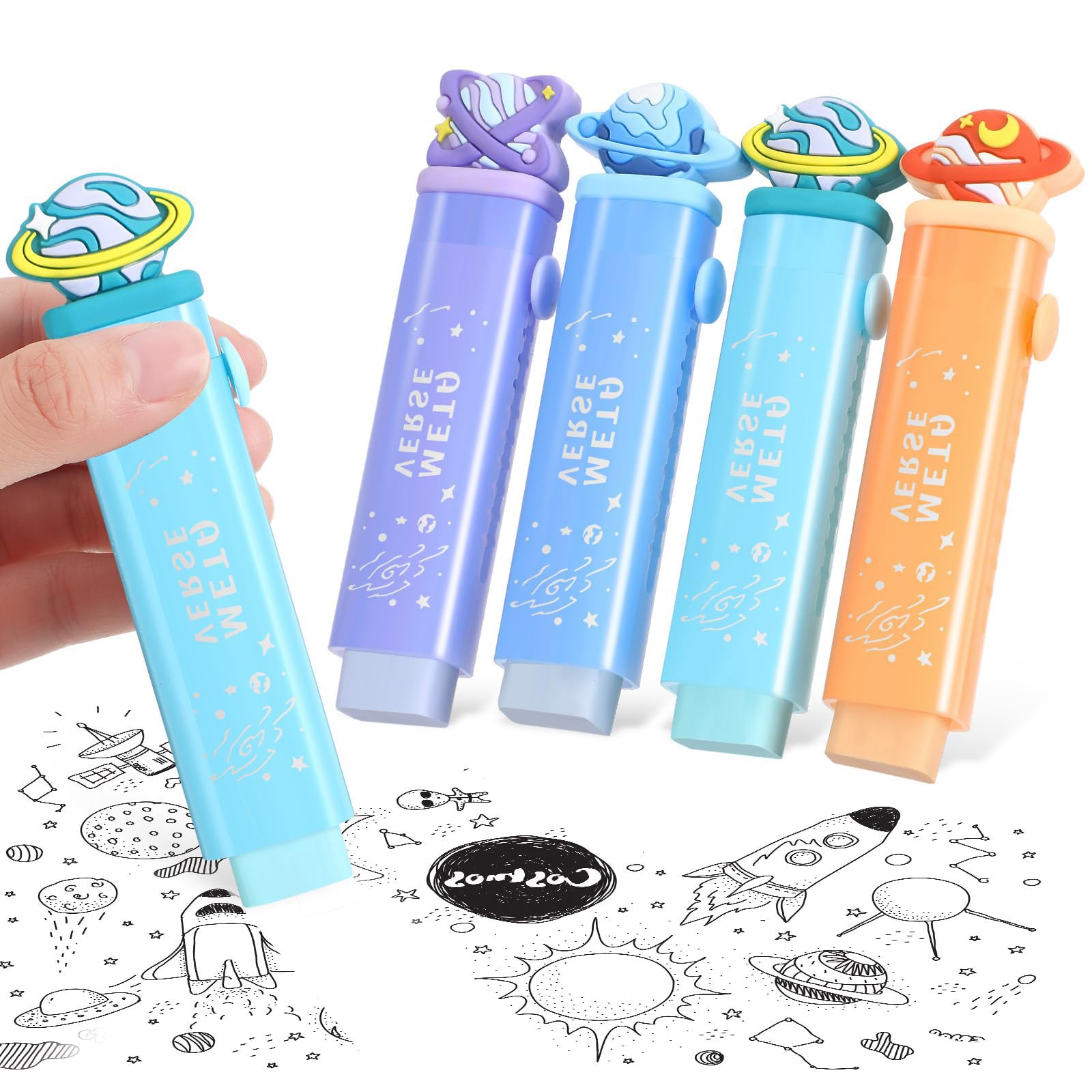 TERRIFI 4 Pcs Cute Erasers for Kids, Sliding Retractable Pencil Erasers, Planet Kawaii Push Pull Design, Stationery Supplies for Boys, Girls, Back to School, Office